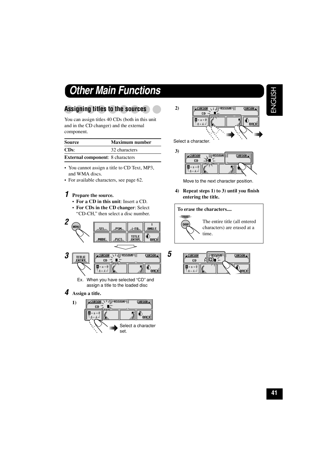 JVC KD-LHX501, KD-LHX502 manual Other Main Functions, Assigning titles to the sources, Assign a title 