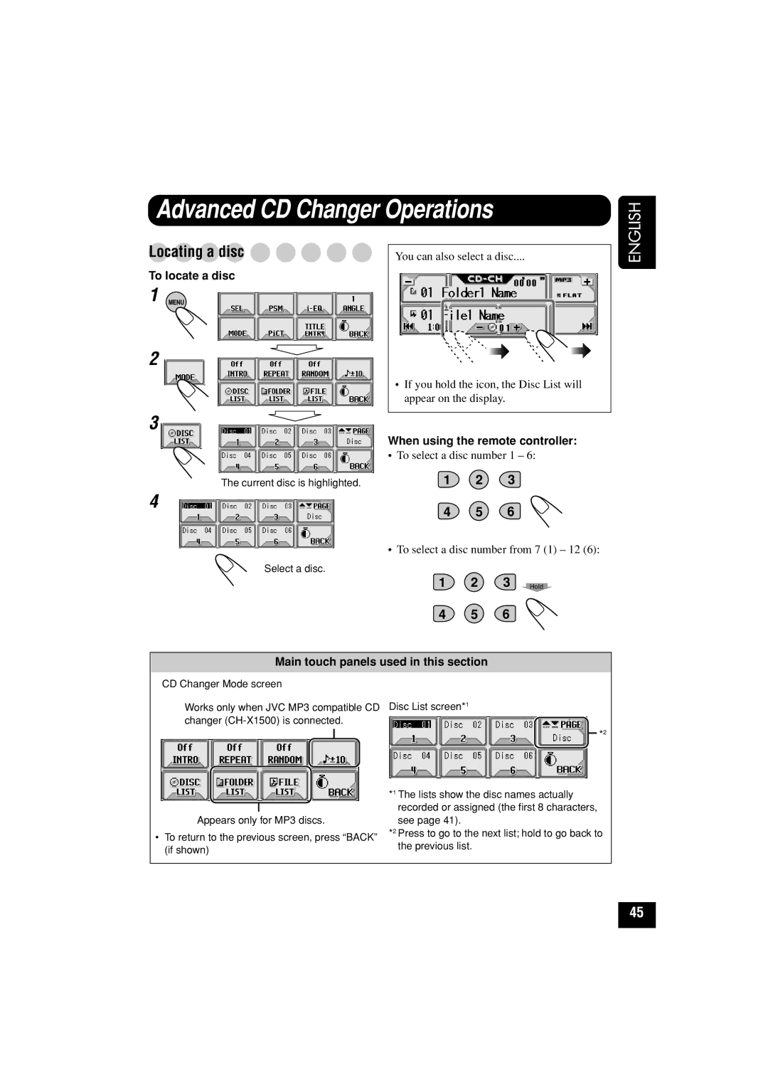 JVC KD-LHX501 manual Advanced CD Changer Operations, Locating a disc, To locate a disc, When using the remote controller 