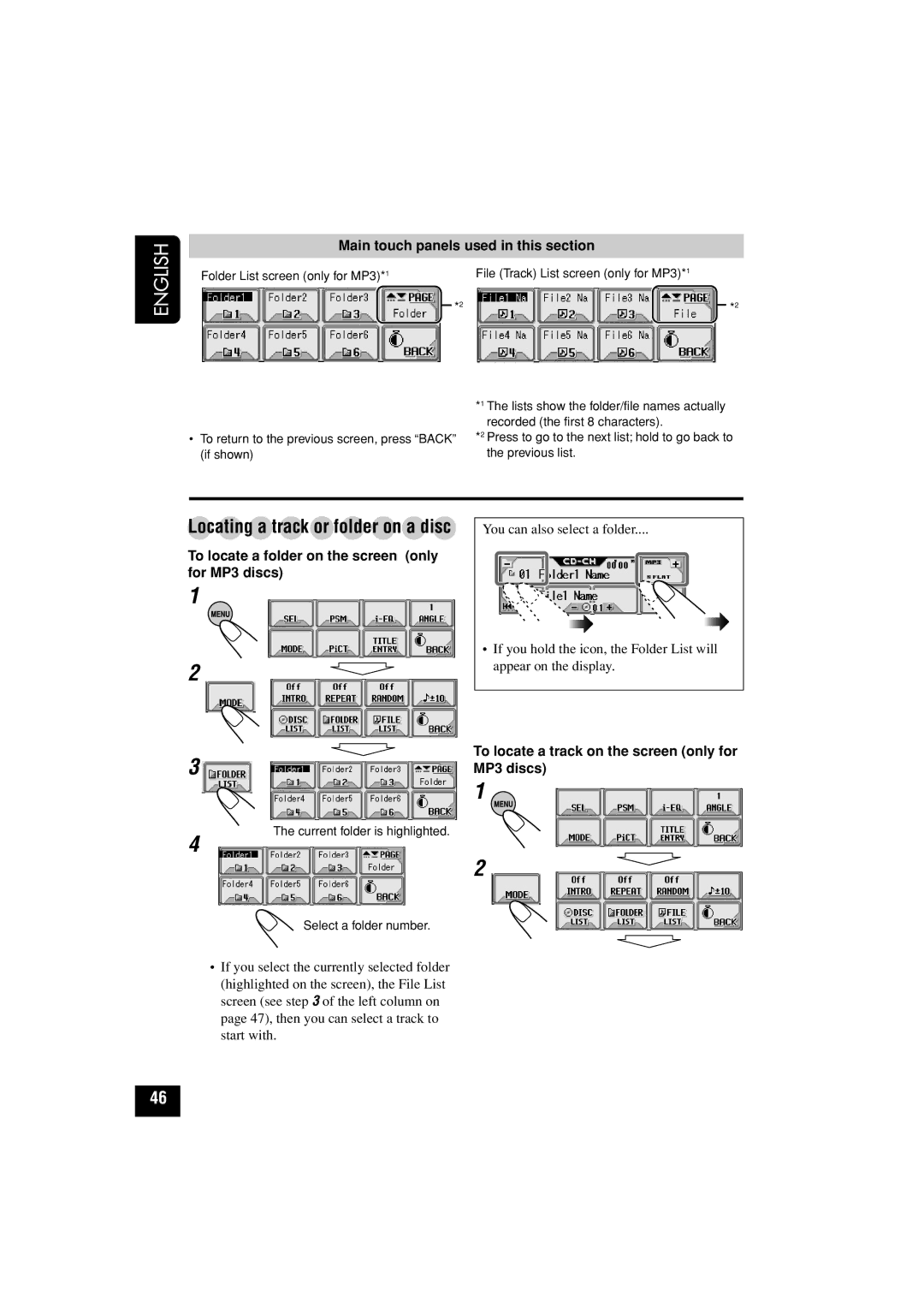 JVC KD-LHX502 To locate a folder on the screen only for MP3 discs, To locate a track on the screen only for MP3 discs 