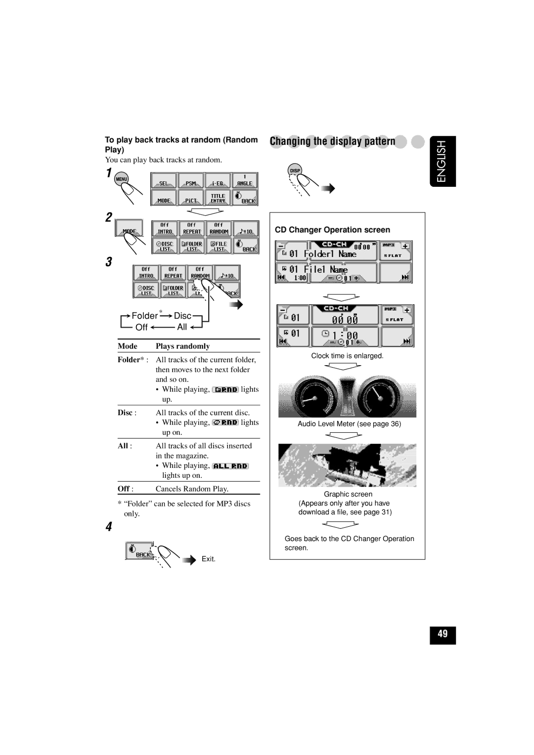 JVC KD-LHX501 manual Changing the display pattern, To play back tracks at random Random Play, CD Changer Operation screen 