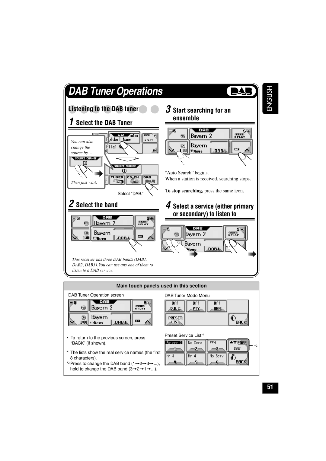 JVC KD-LHX501, KD-LHX502 manual DAB Tuner Operations, Select the band, Start searching for an ensemble 