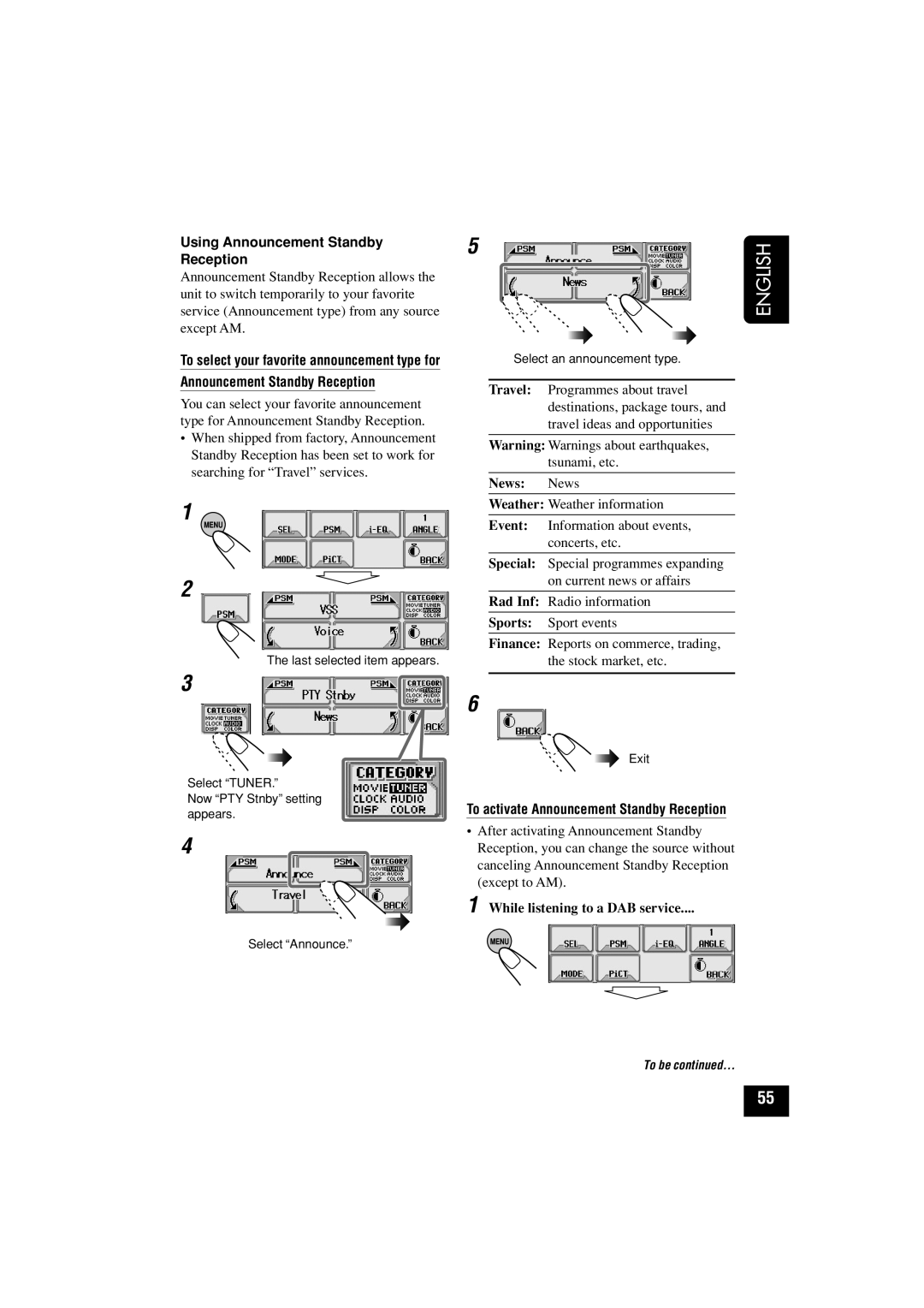 JVC KD-LHX501, KD-LHX502 manual Using Announcement Standby Reception, News News, To activate Announcement Standby Reception 