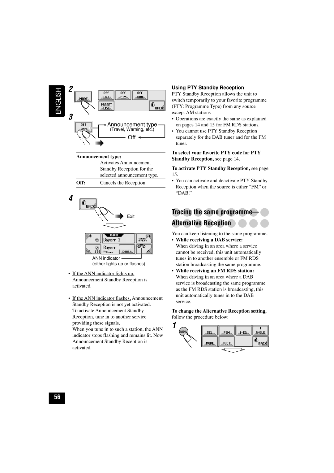 JVC KD-LHX502 manual Tracing the same programme Alternative Reception, Announcement type, While receiving a DAB service 