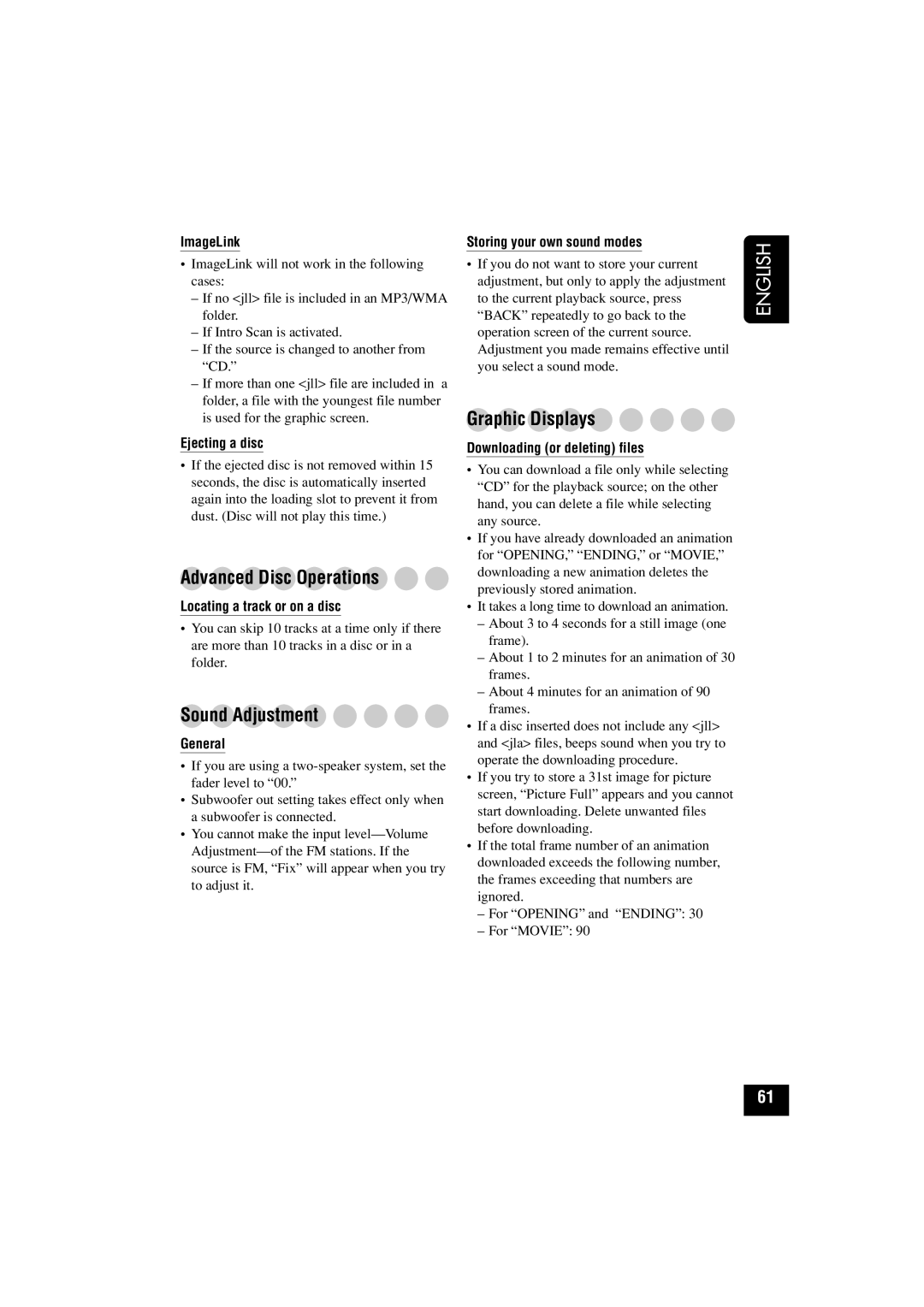 JVC KD-LHX501, KD-LHX502 manual Advanced Disc Operations, Sound Adjustment, Graphic Displays 