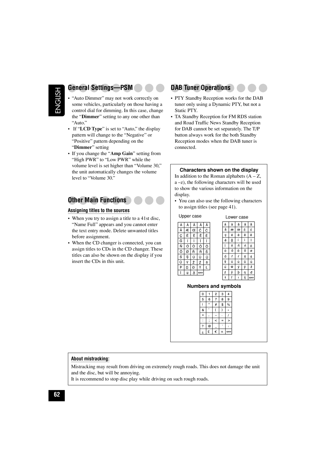 JVC KD-LHX502, KD-LHX501 manual General Settings-PSM, Other Main Functions, DAB Tuner Operations 