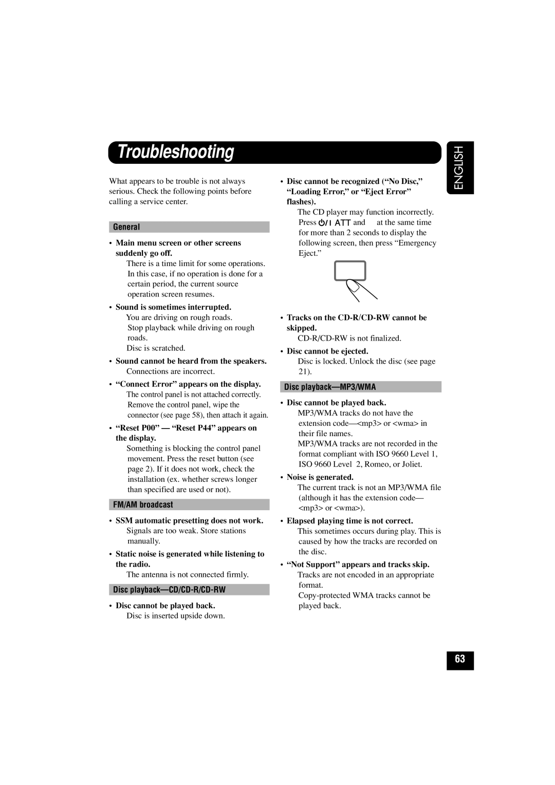 JVC KD-LHX501, KD-LHX502 manual Troubleshooting, FM/AM broadcast, Disc playback-CD/CD-R/CD-RW, Disc playback-MP3/WMA 