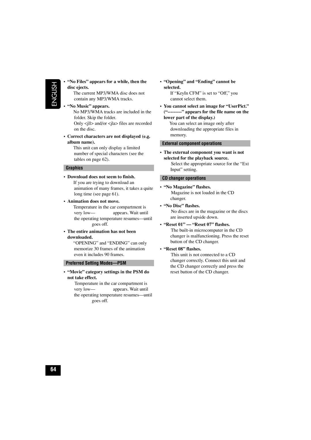 JVC KD-LHX502, KD-LHX501 manual Preferred Setting Modes-PSM, External component operations, CD changer operations 