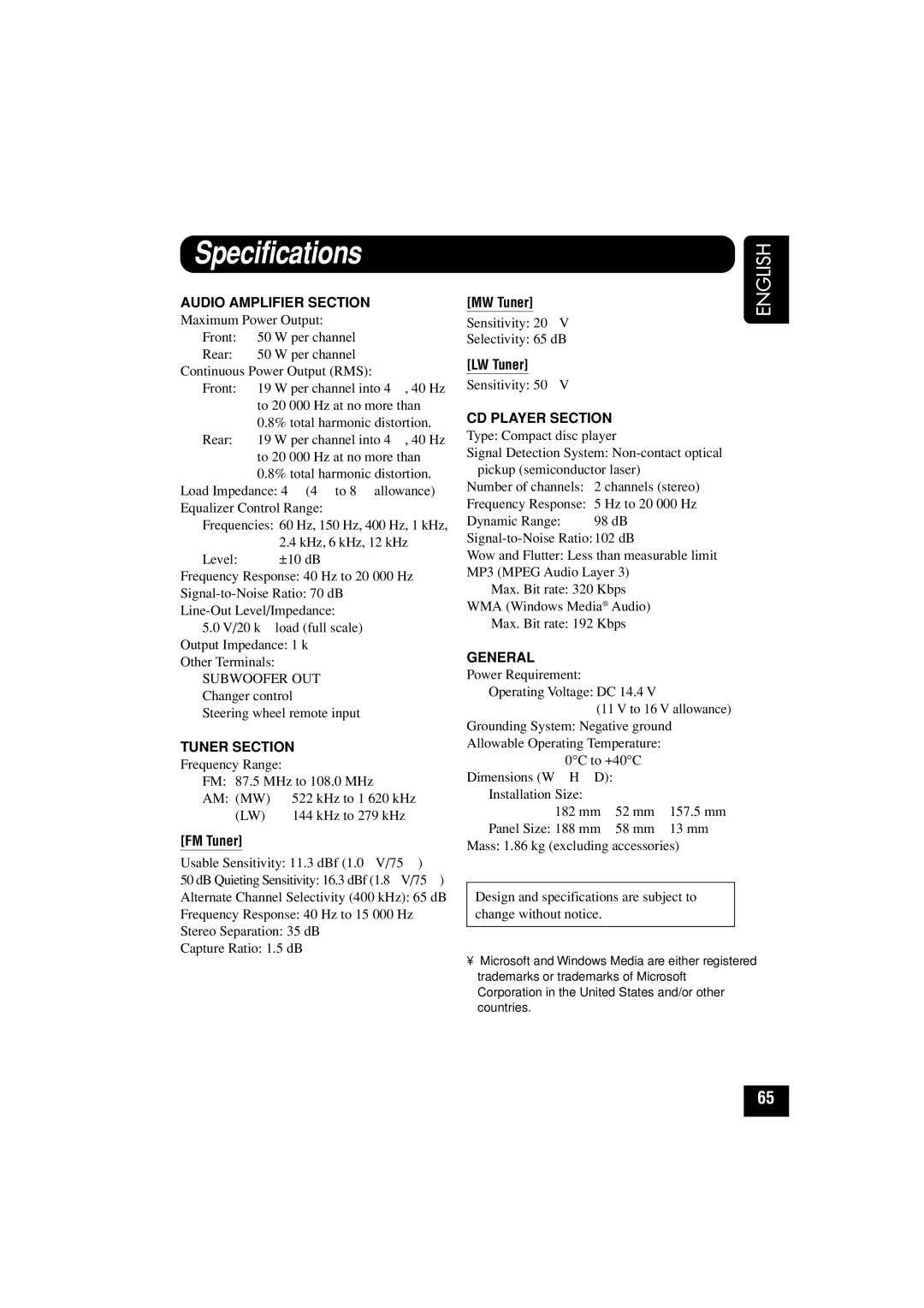 JVC KD-LHX501, KD-LHX502 manual Specifications, FM Tuner, MW Tuner, LW Tuner 