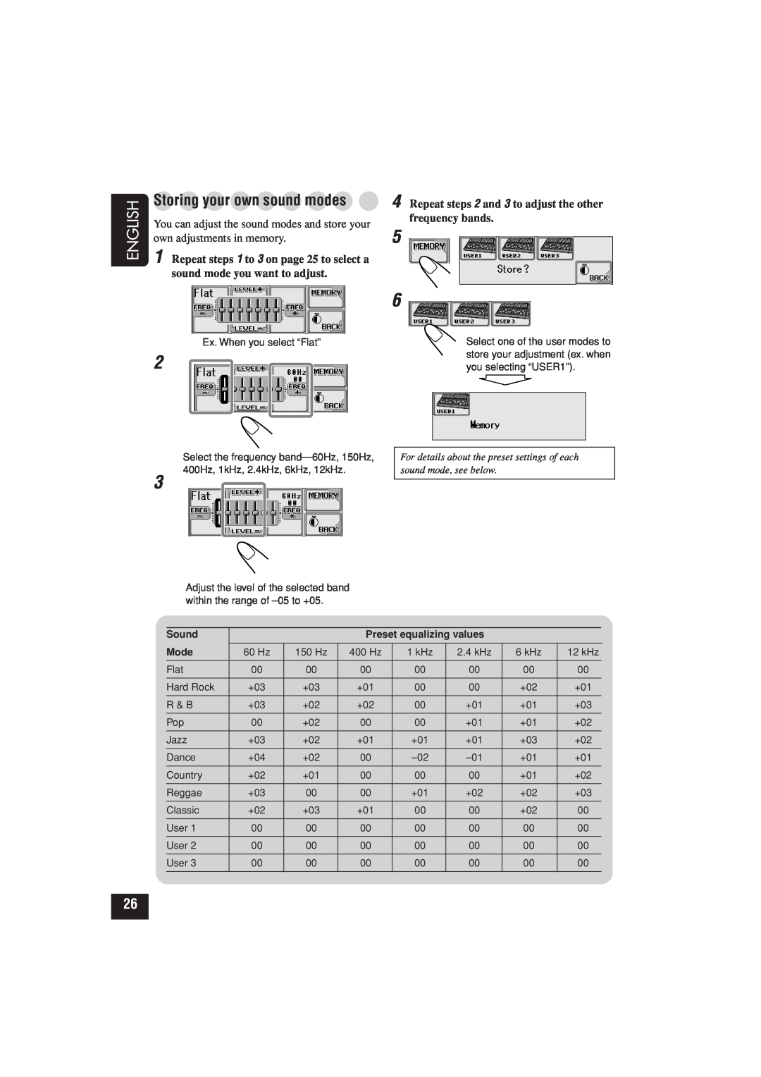 JVC KD-LHX502, KD-LHX501 manual Storing your own sound modes, English, You can adjust the sound modes and store your 