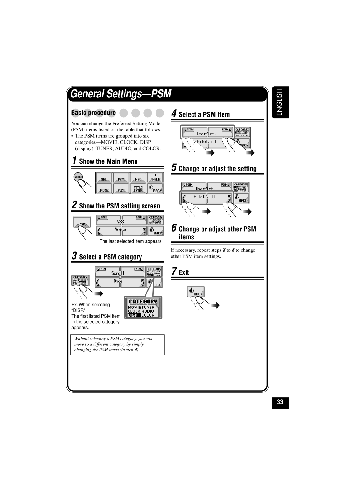 JVC KD-LHX501 General Settings—PSM, Select a PSM item, Show the Main Menu, Change or adjust the setting, Exit, English 