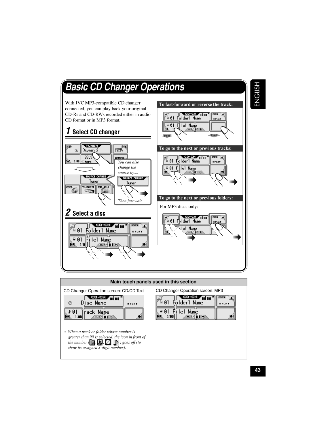 JVC KD-LHX501 Basic CD Changer Operations, Select CD changer, Select a disc, English, To fast-forwardor reverse the track 