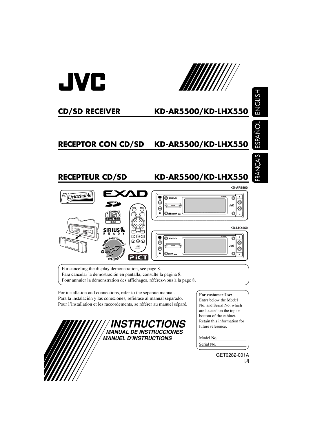 JVC manual Receptor CON CD/SD KD-AR5500/KD-LHX550 Recepteur CD/SD 