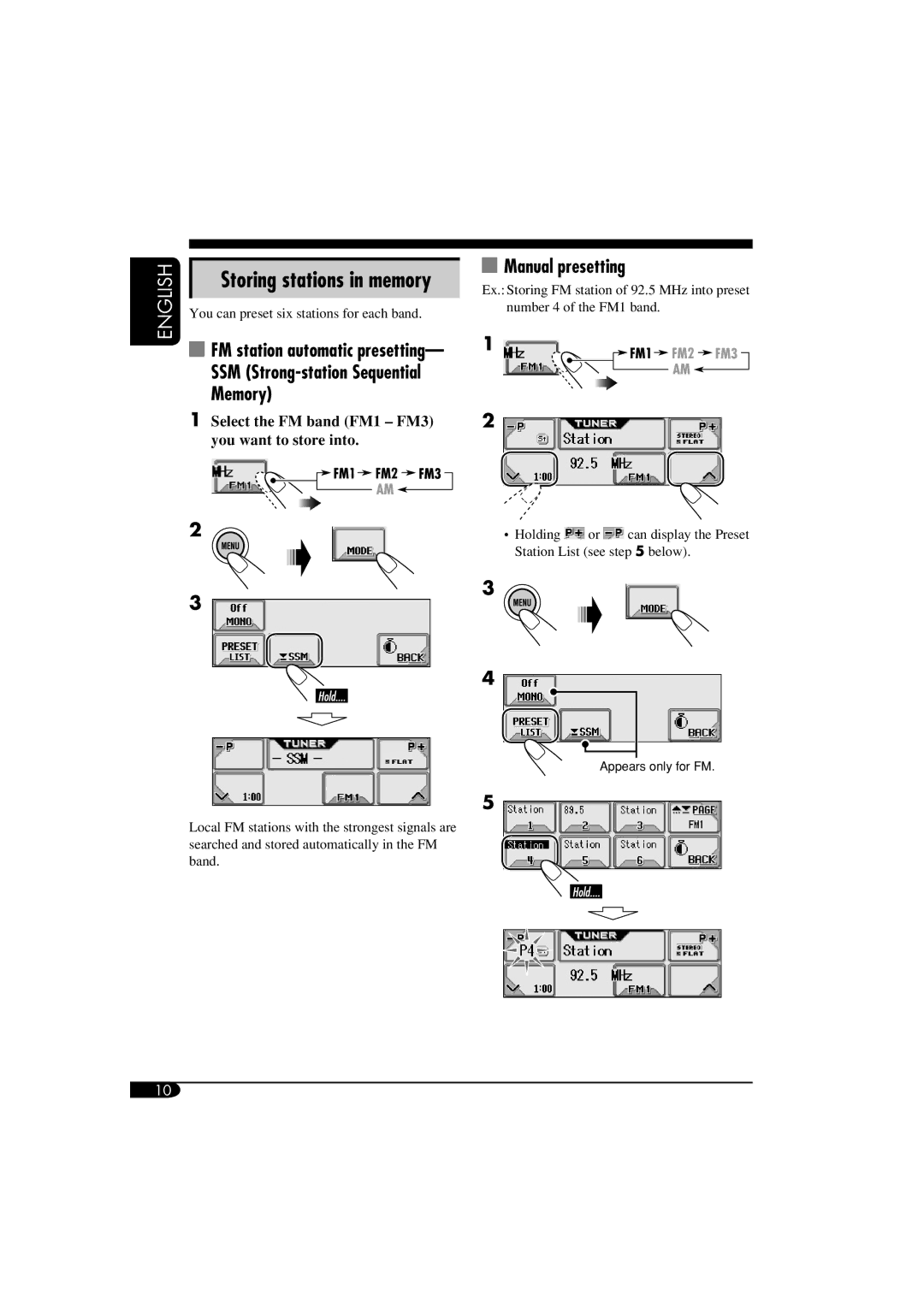 JVC KD-LHX550, KD-AR5500 manual SSM Strong-station Sequential Memory, Manual presetting, FM station automatic presetting 