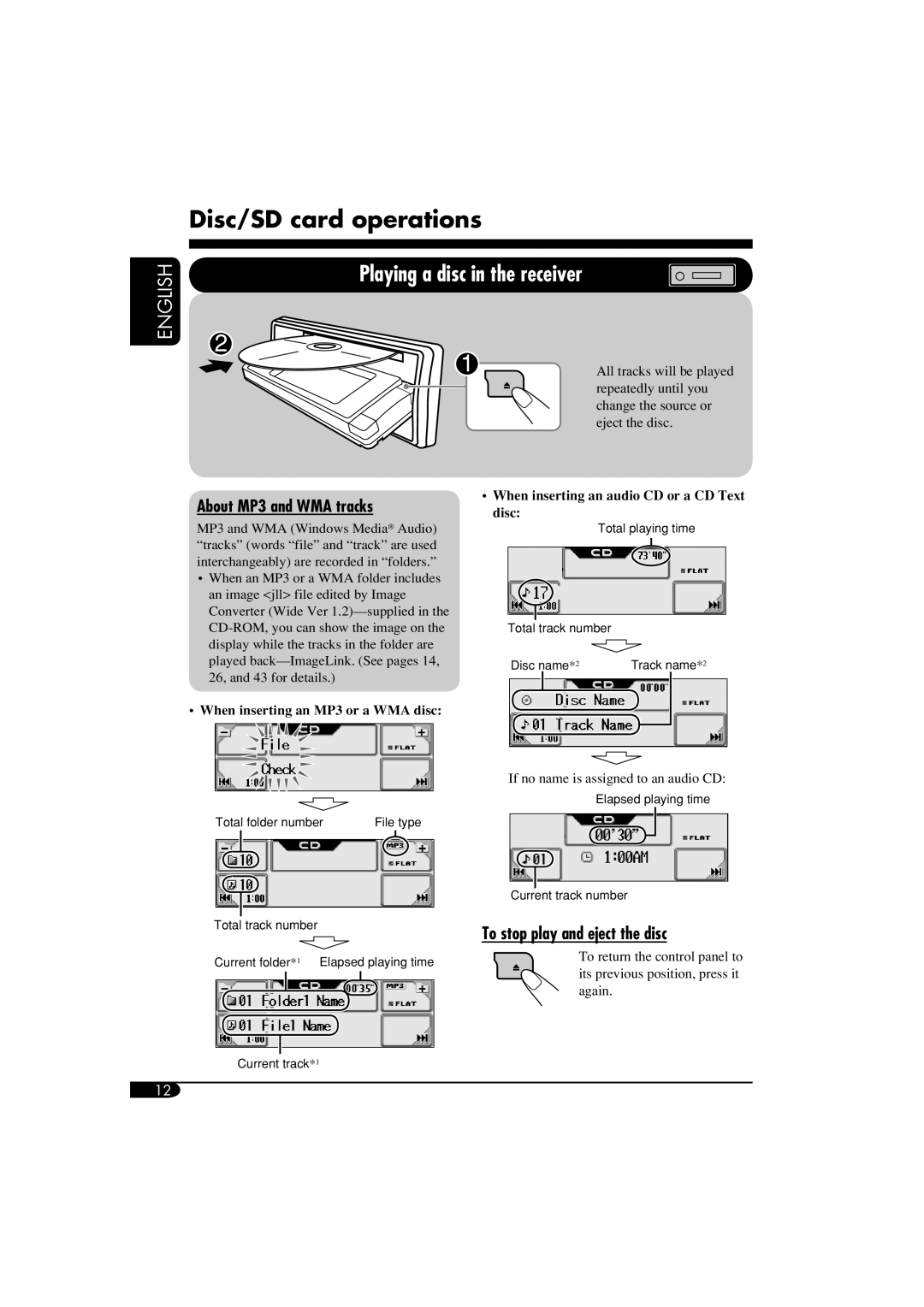 JVC KD-LHX550, KD-AR5500 manual Disc/SD card operations, Playing a disc in the receiver, To stop play and eject the disc 