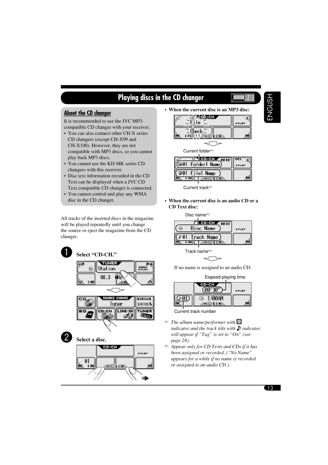 JVC KD-AR5500, KD-LHX550 manual Playing discs in the CD changer, About the CD changer, ~ Select CD-CH Select a disc 