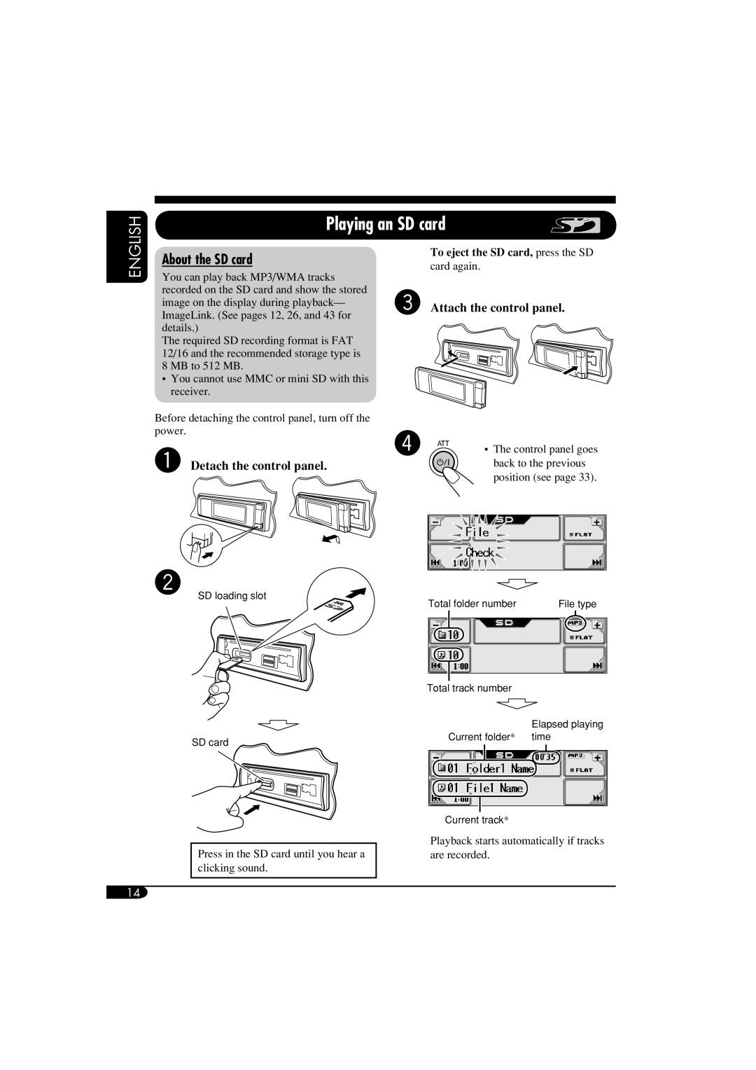 JVC KD-LHX550, KD-AR5500 manual Playing an SD card, About the SD card, ~ Detach the control panel, Attach the control panel 