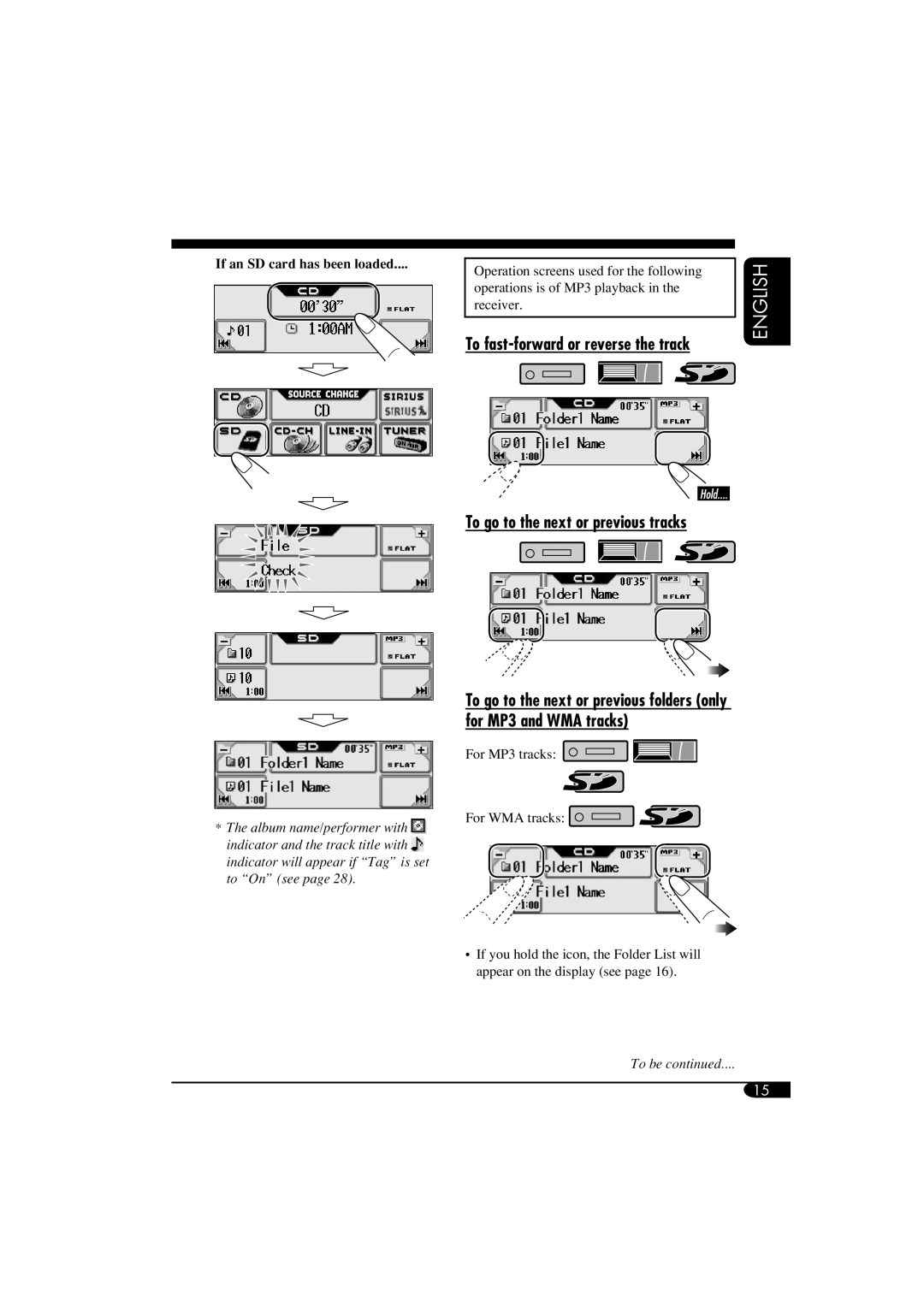 JVC KD-AR5500 To go to the next or previous tracks, To fast-forward or reverse the track, If an SD card has been loaded 