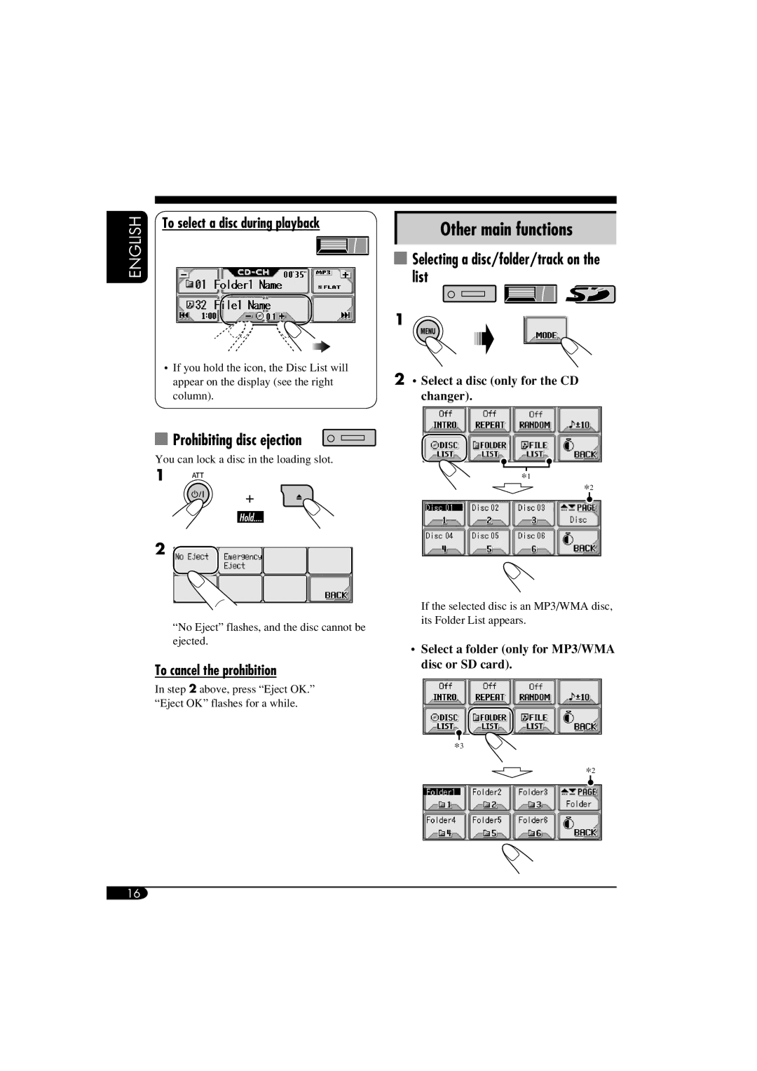 JVC KD-LHX550, KD-AR5500 manual Other main functions, Prohibiting disc ejection, Selecting a disc/folder/track on the list 