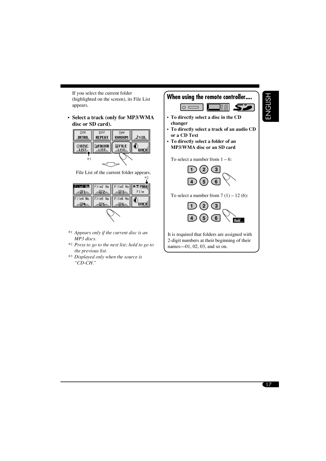 JVC KD-AR5500, KD-LHX550 manual Select a track only for MP3/WMA disc or SD card, When using the remote controller 