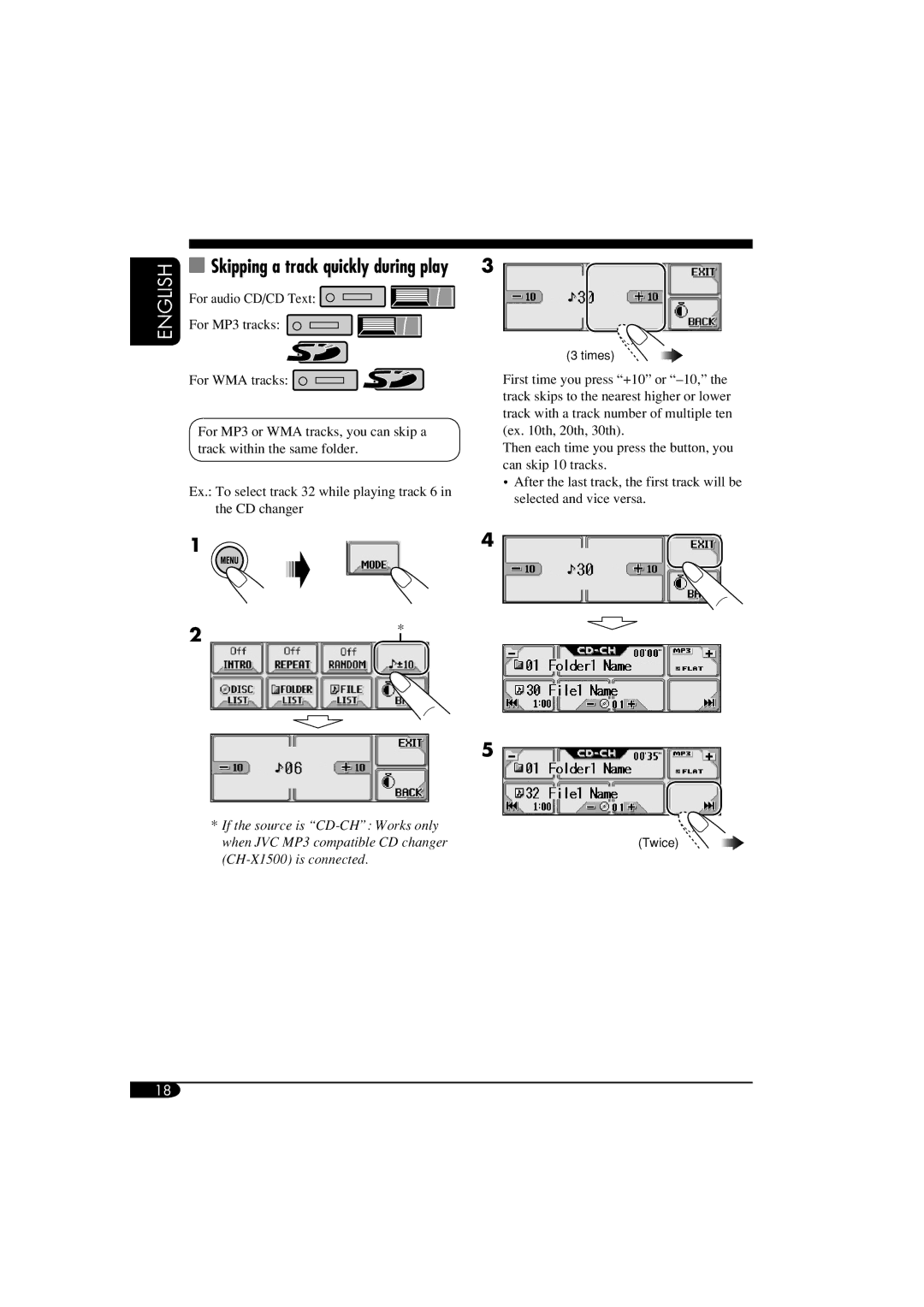 JVC KD-LHX550, KD-AR5500 manual Skipping a track quickly during play 