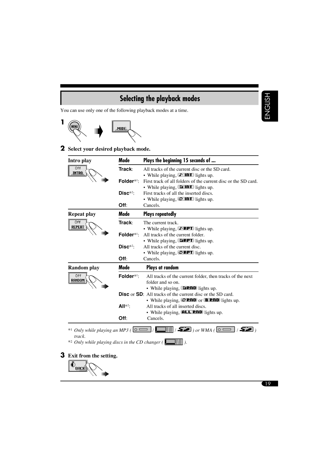 JVC KD-AR5500, KD-LHX550 manual Selecting the playback modes, Exit from the setting 