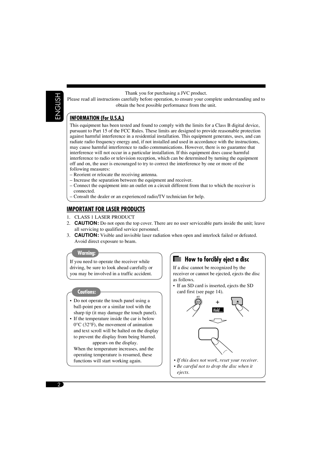 JVC KD-LHX550, KD-AR5500 manual How to forcibly eject a disc, Information For U.S.A 