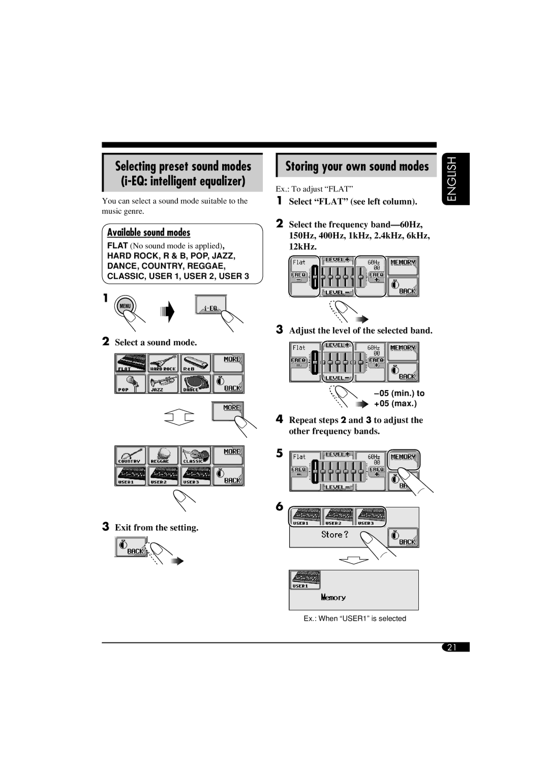 JVC KD-AR5500 manual Available sound modes, Selecting preset sound modes i-EQ intelligent equalizer, Ex. To adjust Flat 