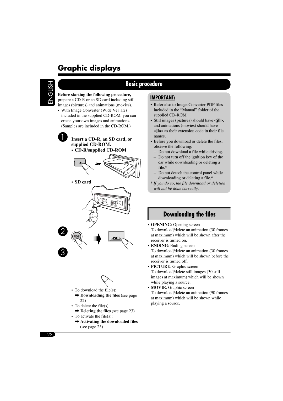 JVC KD-LHX550, KD-AR5500 manual Graphic displays, Basic procedure, Downloading the ﬁles 