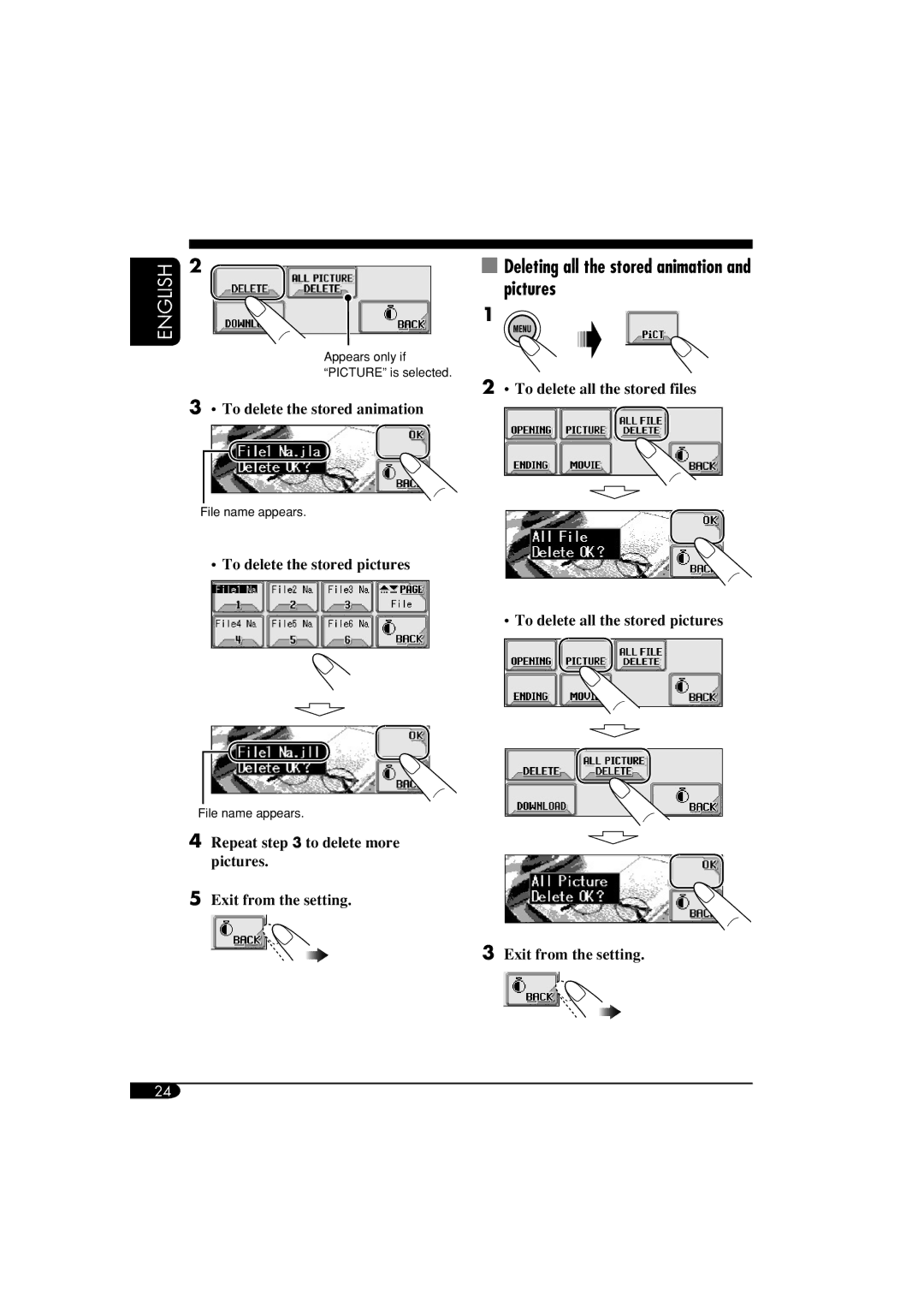 JVC KD-LHX550, KD-AR5500 manual Pictures, To delete all the stored files, To delete the stored animation 