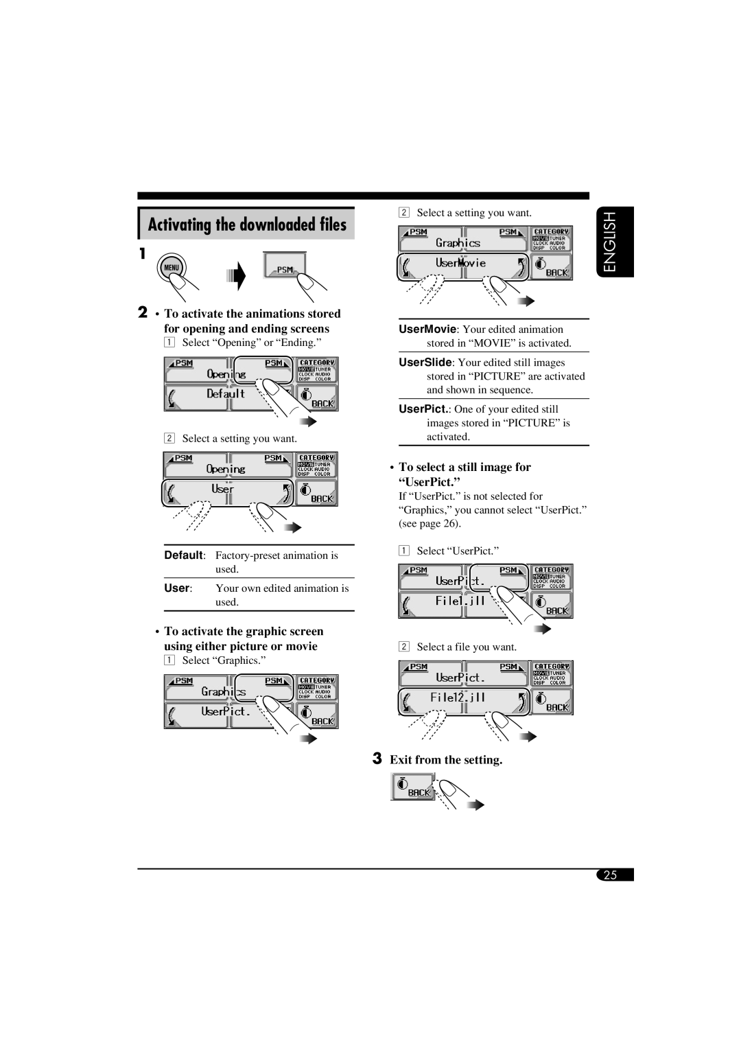 JVC KD-AR5500, KD-LHX550 manual To select a still image for UserPict, Select a file you want, Select Graphics 