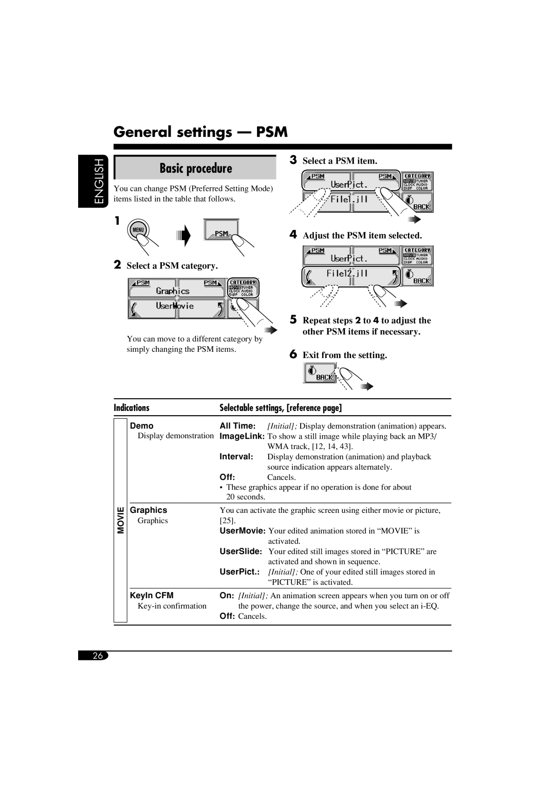 JVC KD-LHX550 General settings PSM, Basic procedure, Select a PSM category, Indications Selectable settings, reference 