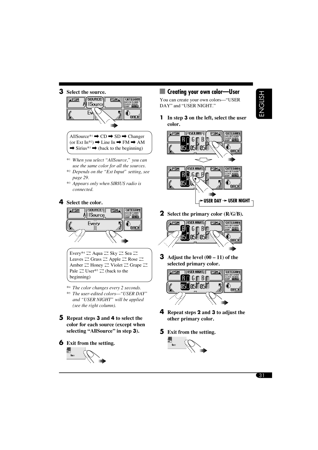 JVC KD-AR5500, KD-LHX550 manual On the left, select the user color, Select the color 