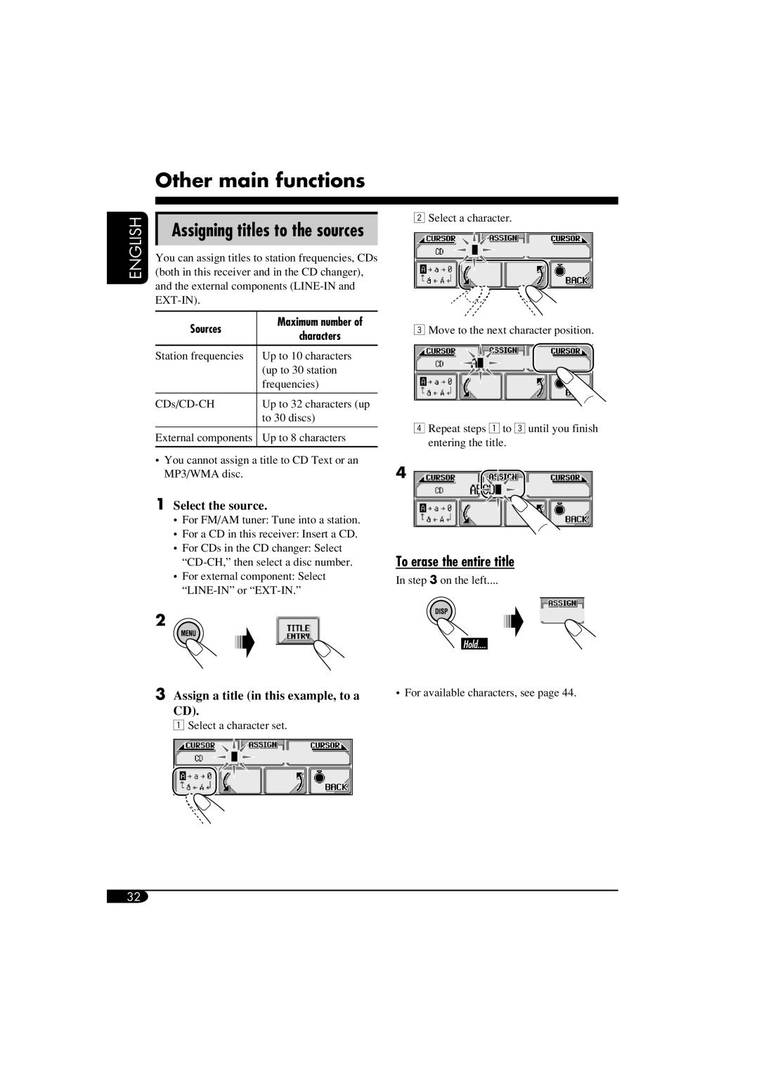 JVC KD-LHX550, KD-AR5500 manual Other main functions, Assigning titles to the sources, To erase the entire title 