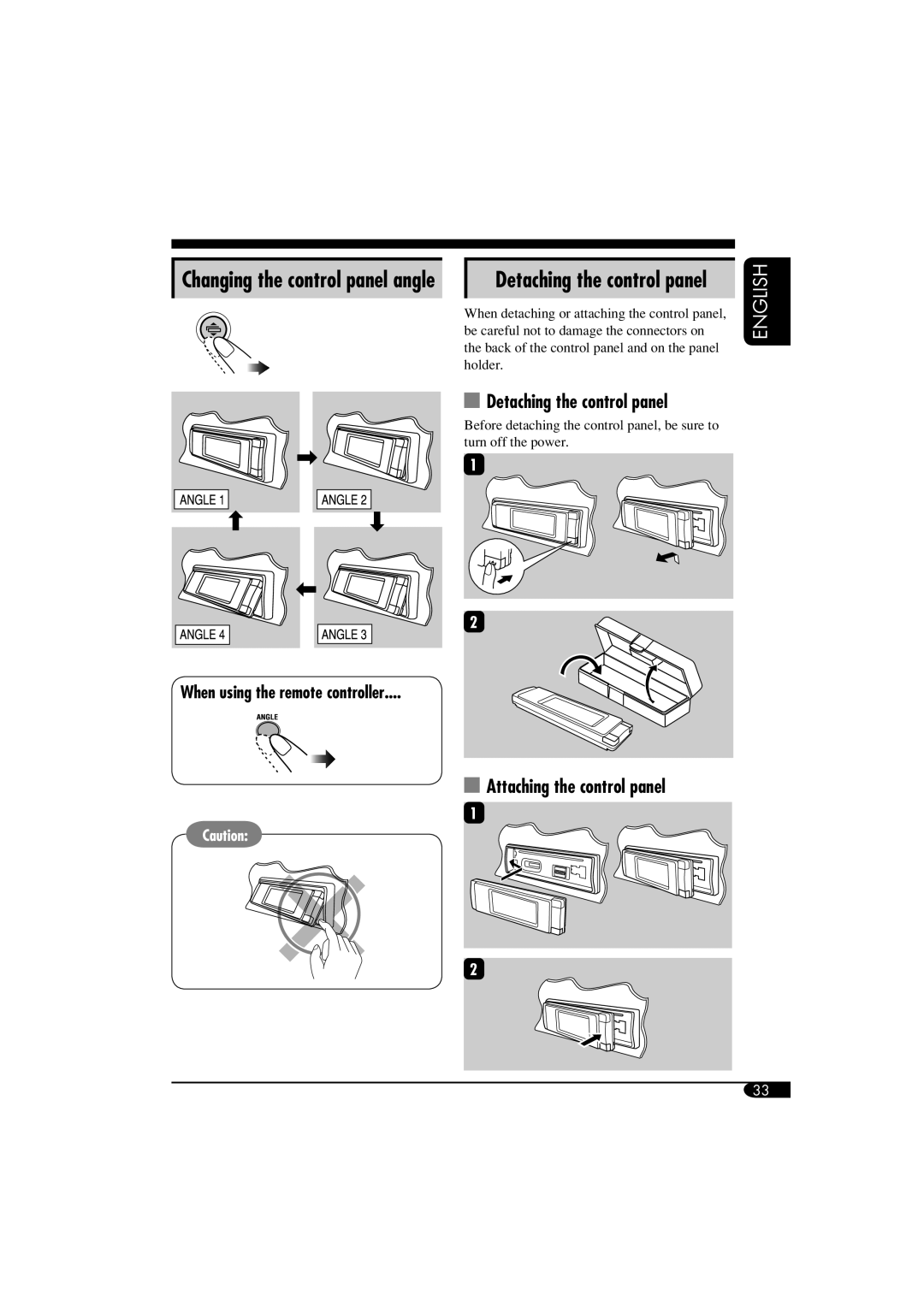 JVC KD-AR5500, KD-LHX550 manual Detaching the control panel, Attaching the control panel, When using the remote controller 