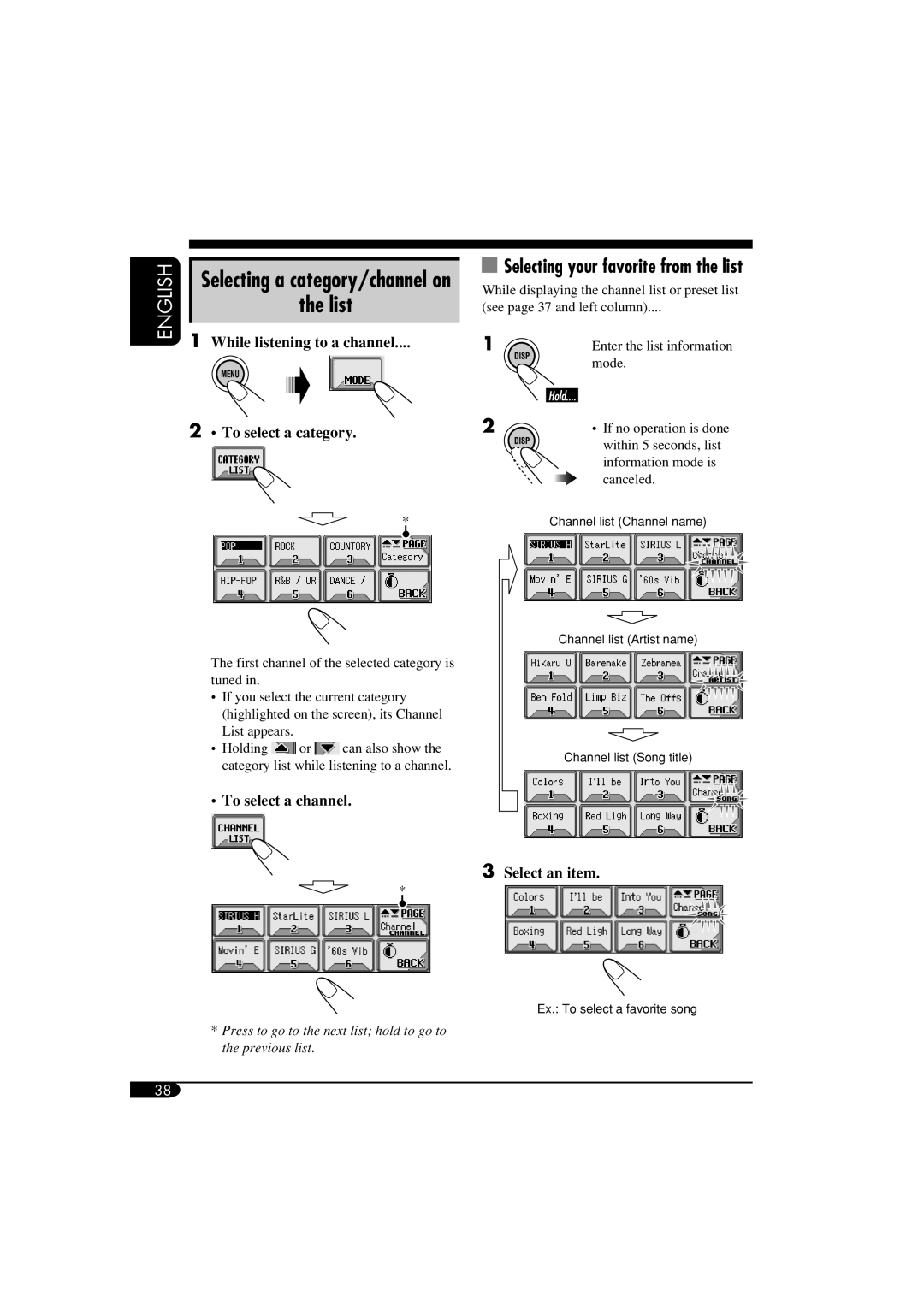 JVC KD-LHX550, KD-AR5500 manual List, Selecting a category/channel on, Selecting your favorite from the list 