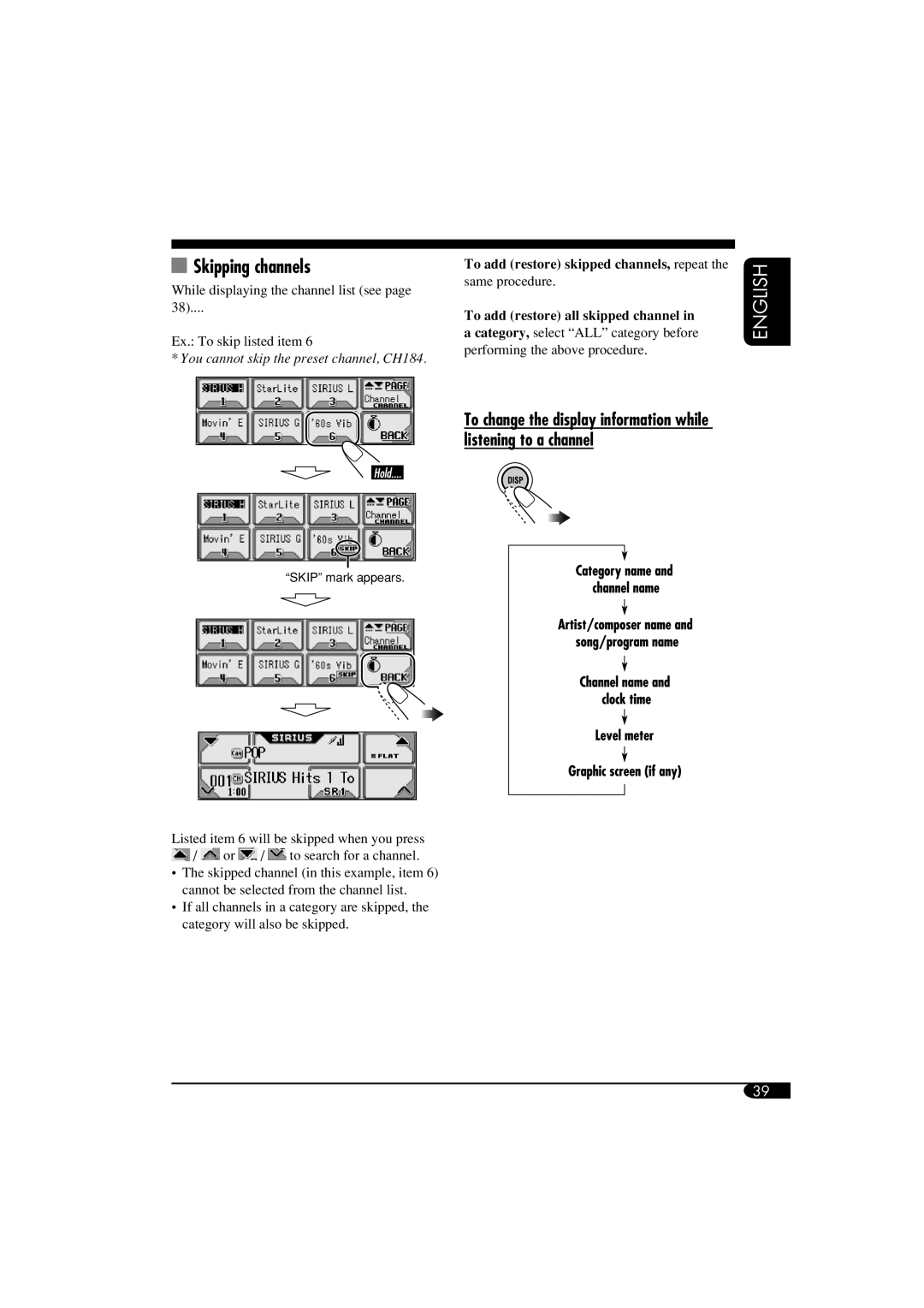 JVC KD-AR5500, KD-LHX550 manual Skipping channels, To add restore skipped channels, repeat 