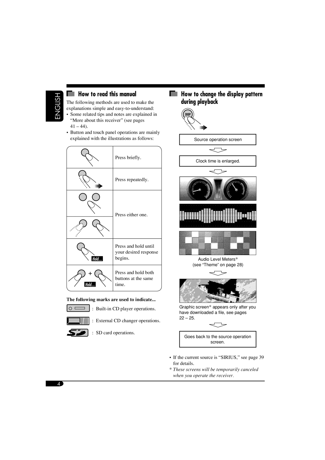 JVC KD-LHX550, KD-AR5500 How to read this manual, How to change the display pattern during playback 