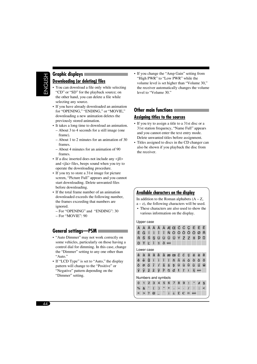 JVC KD-LHX550 manual Downloading or deleting files, Other main functions Assigning titles to the sources, Graphic displays 