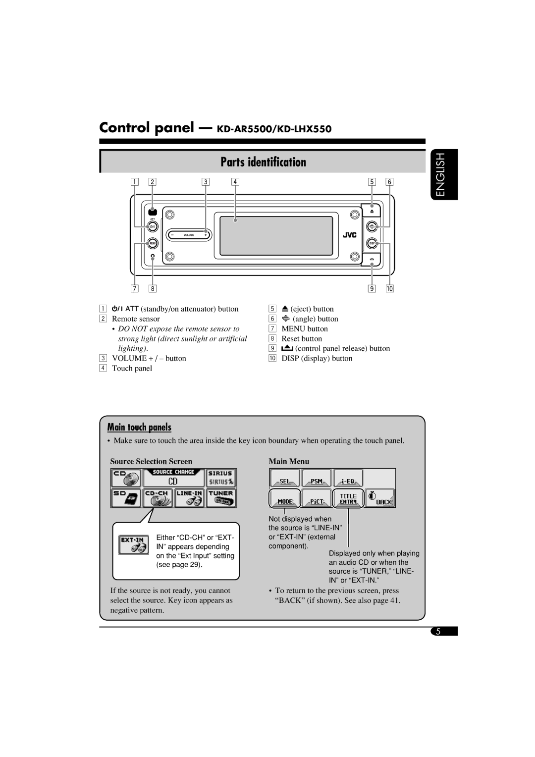 JVC manual Parts identification, Main touch panels, Control panel KD-AR5500/KD-LHX550, Source Selection Screen 