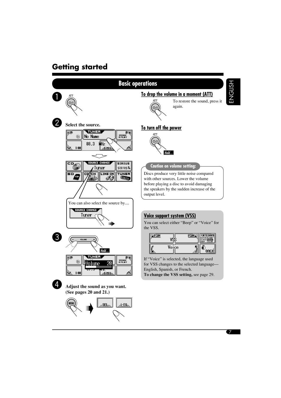 JVC KD-AR5500, KD-LHX550 manual Getting started, Basic operations, To drop the volume in a moment ATT, To turn off the power 