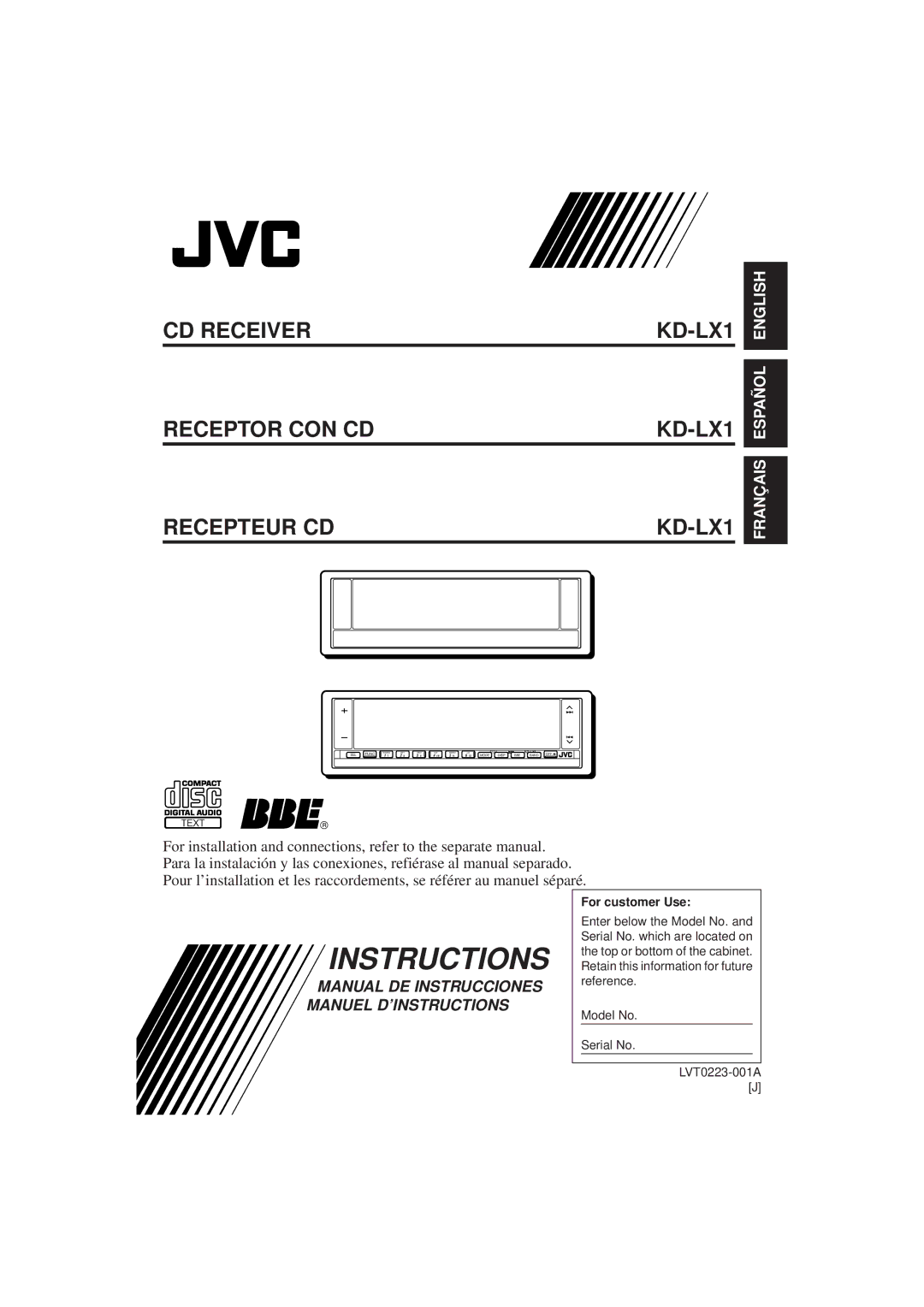 JVC manual Instructions, CD Receiver Receptor CON CD Recepteur CD KD-LX1 