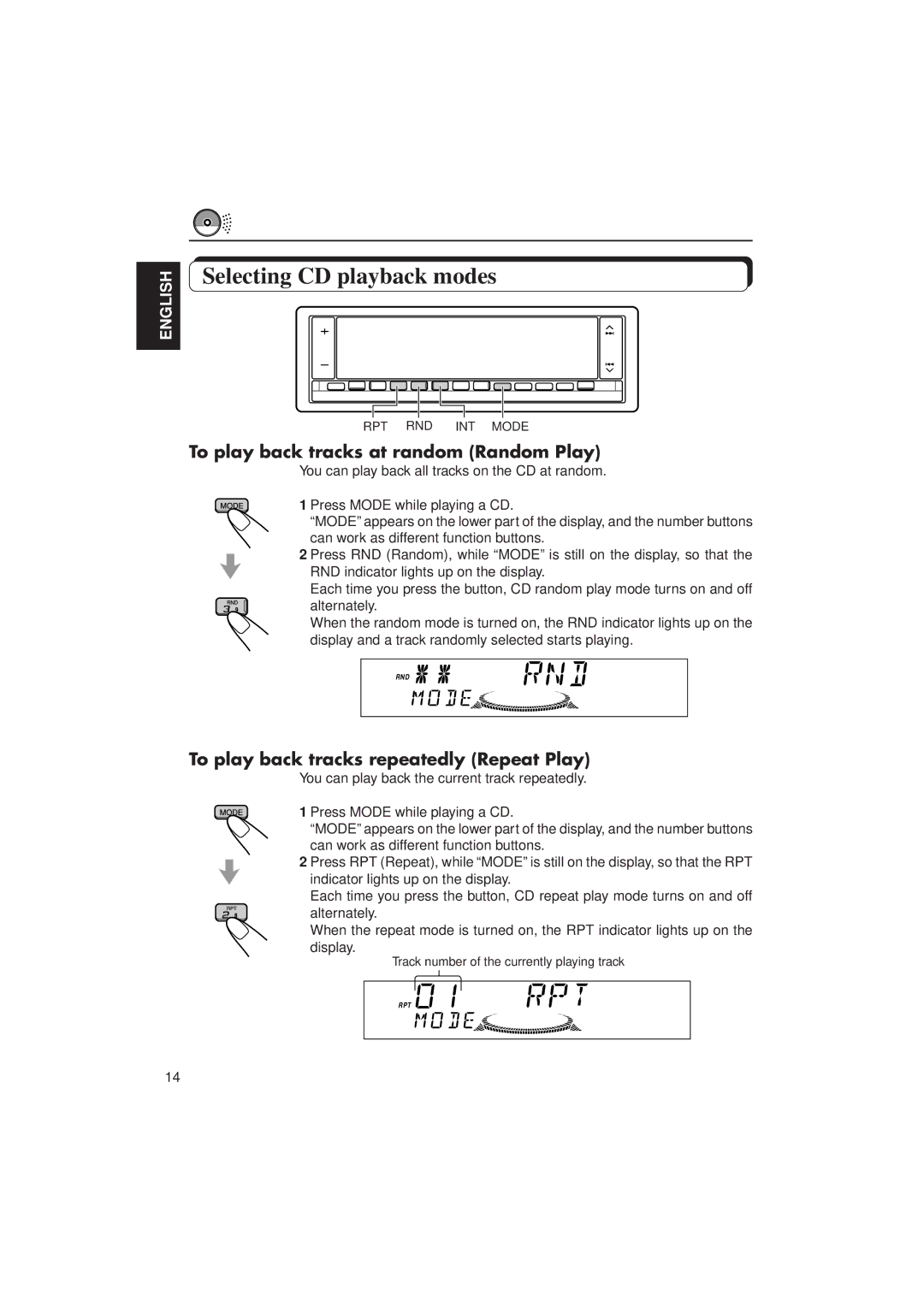 JVC KD-LX1 manual Selecting CD playback modes, To play back tracks at random Random Play 