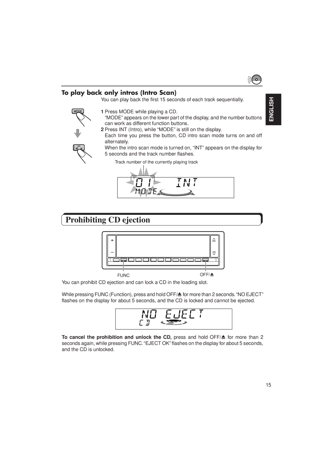 JVC KD-LX1 manual Prohibiting CD ejection, To play back only intros Intro Scan 