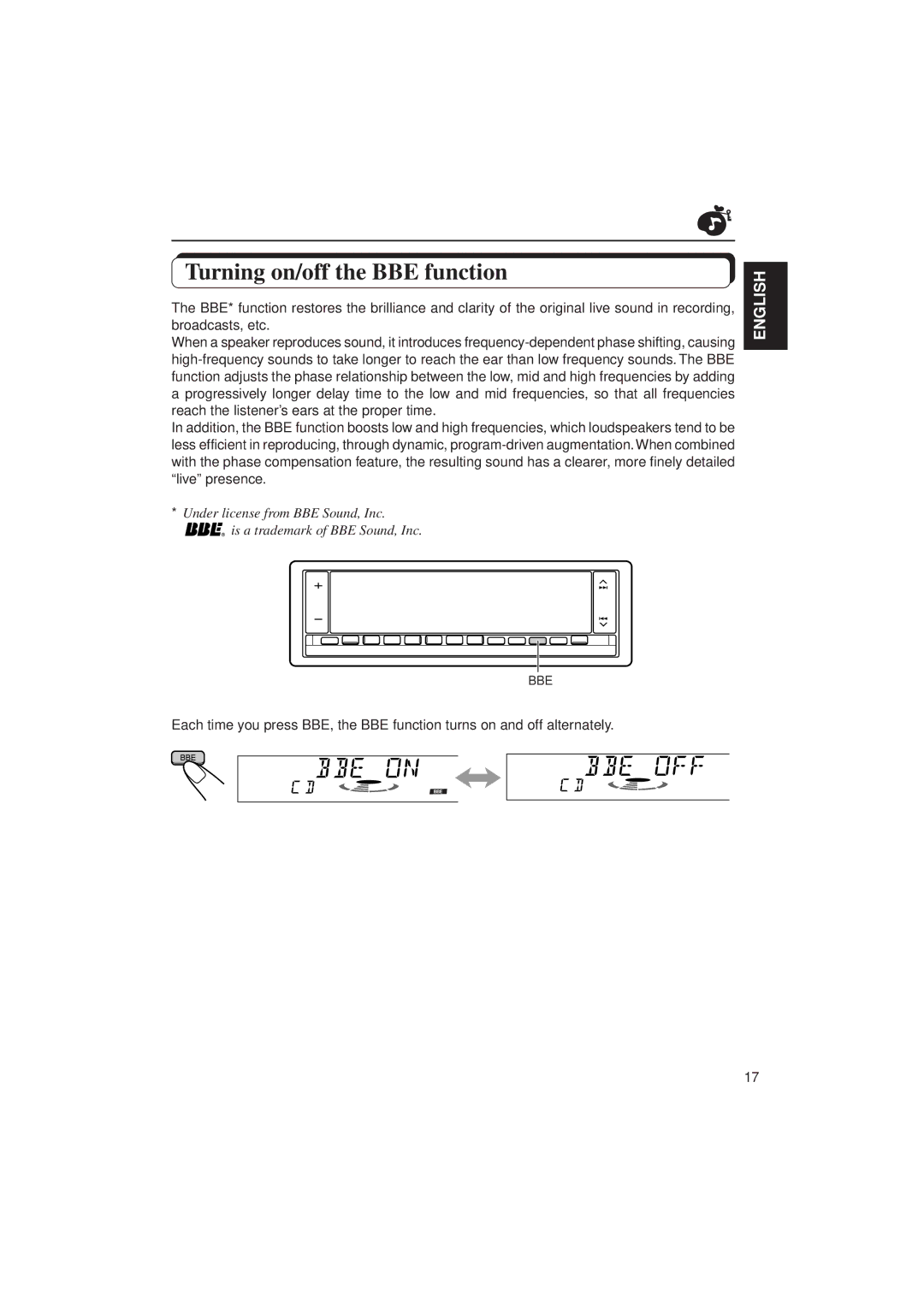 JVC KD-LX1 manual Turning on/off the BBE function 