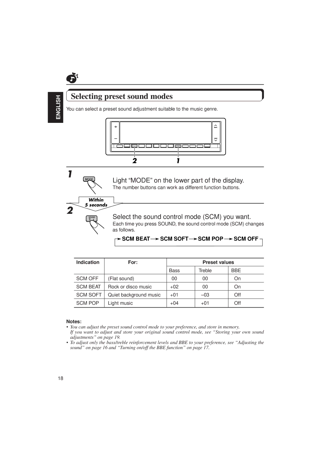 JVC KD-LX1 manual Selecting preset sound modes, Light Mode on the lower part of the display, Indication For Preset values 