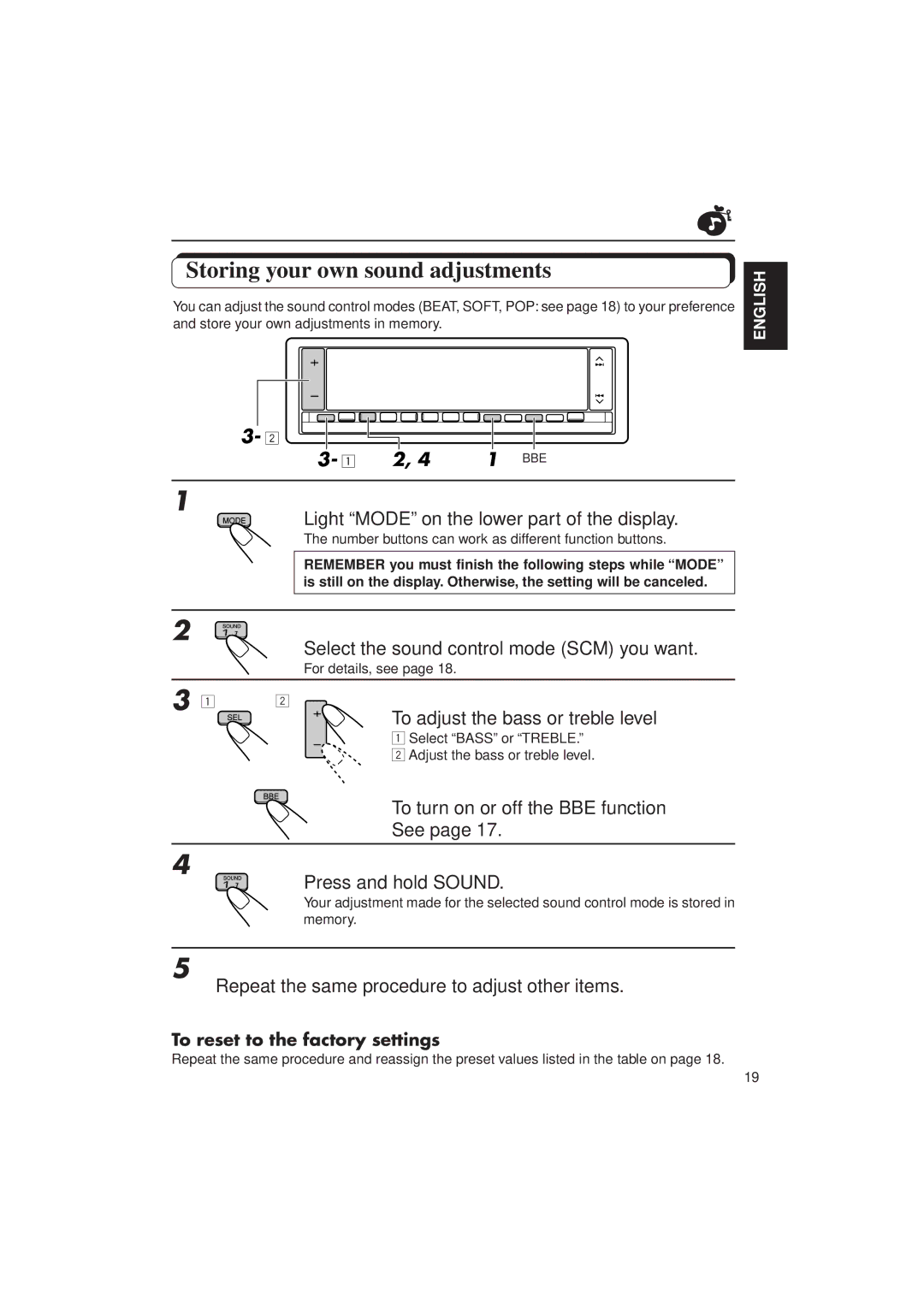 JVC KD-LX1 manual Storing your own sound adjustments, To adjust the bass or treble level, To reset to the factory settings 