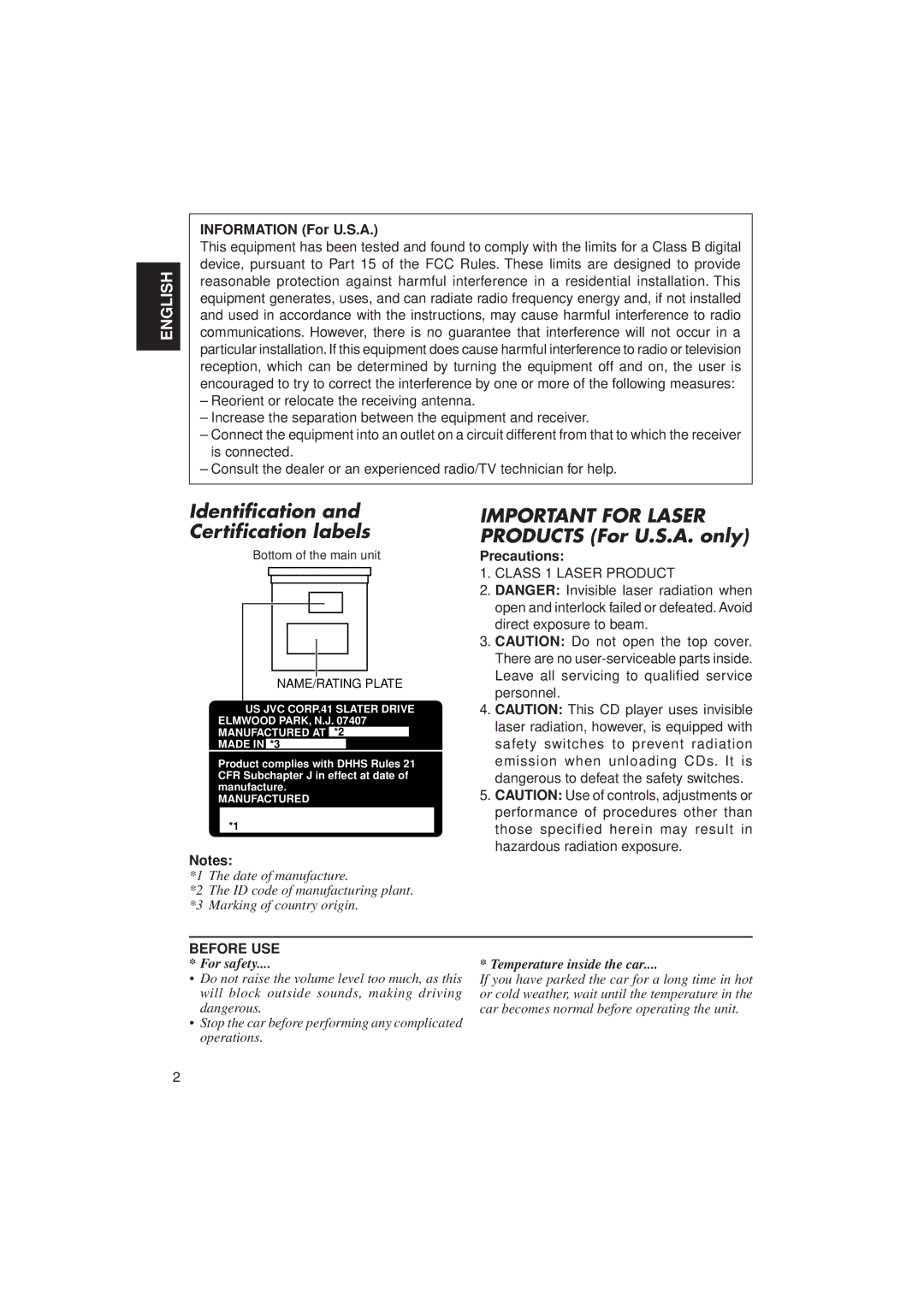 JVC KD-LX1 manual Information For U.S.A, Precautions 