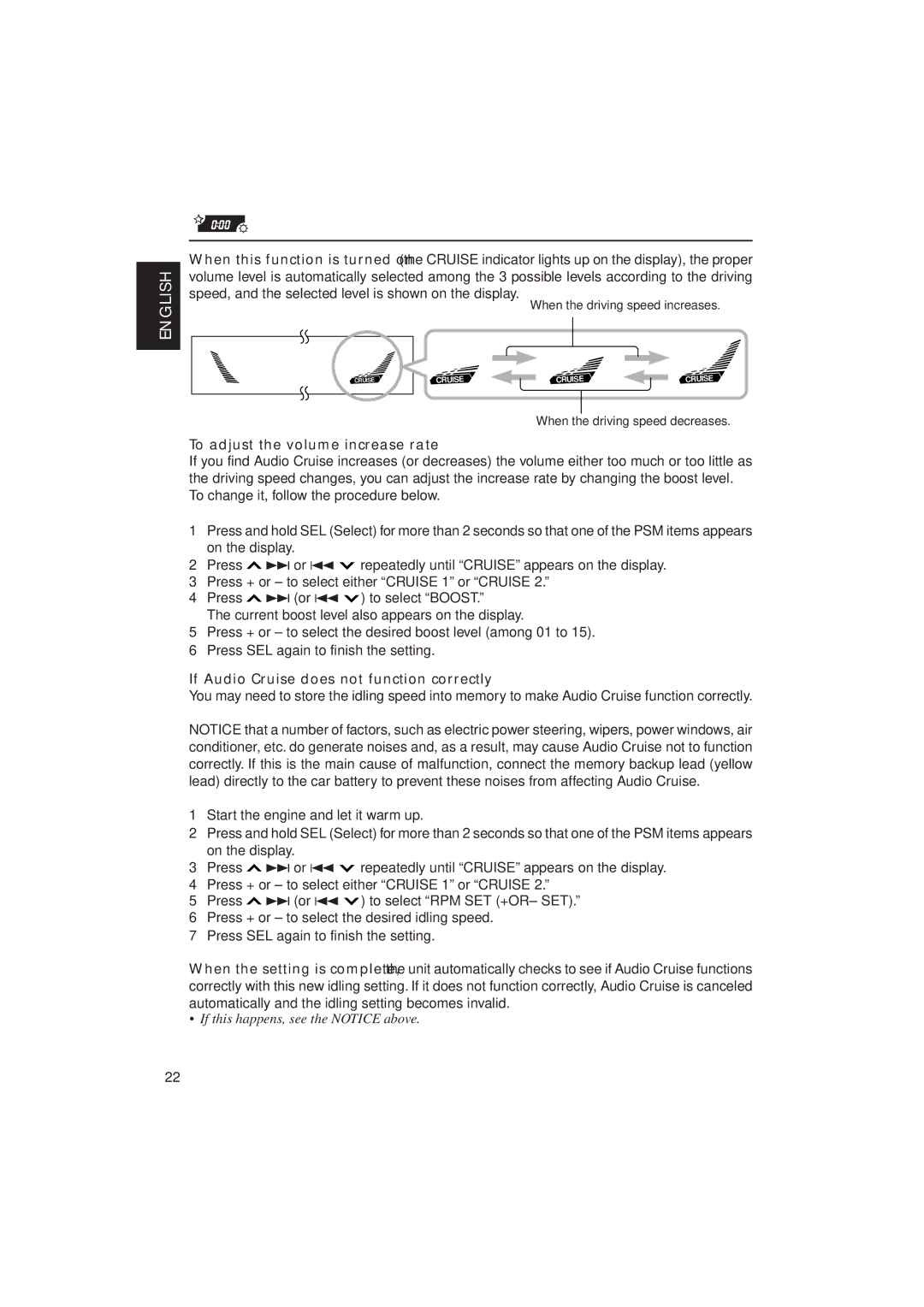 JVC KD-LX1 manual To adjust the volume increase rate, If Audio Cruise does not function correctly 