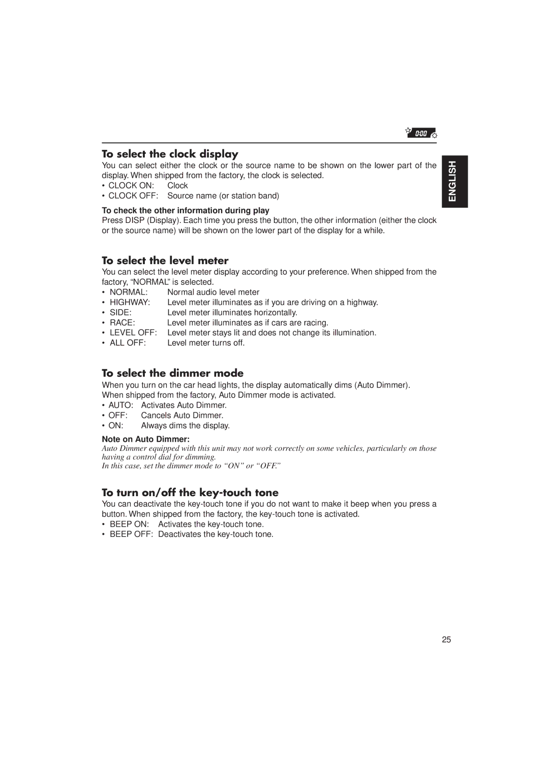 JVC KD-LX1 manual To select the clock display, To select the level meter, To select the dimmer mode 