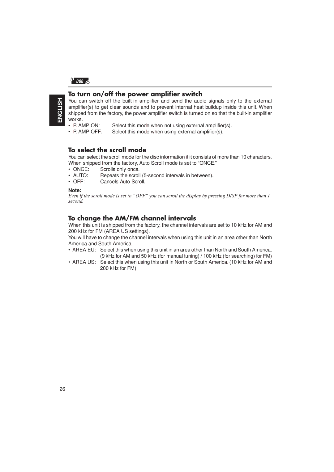 JVC KD-LX1 To turn on/off the power amplifier switch, To select the scroll mode, To change the AM/FM channel intervals 